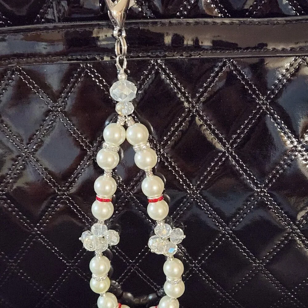 Hand Crafted Purse/Bag Charm Faux Pearls Crystals with Mom Pendant 8 1/4 inches
